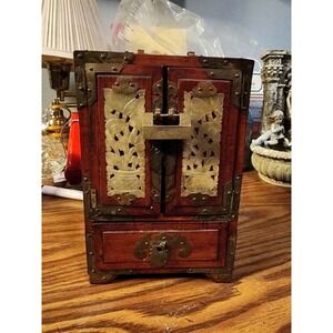 Antique Chinese Wooden Jewelry Box, Ornate Brass, Carved Jade Inlaid, 8.5'' RARE